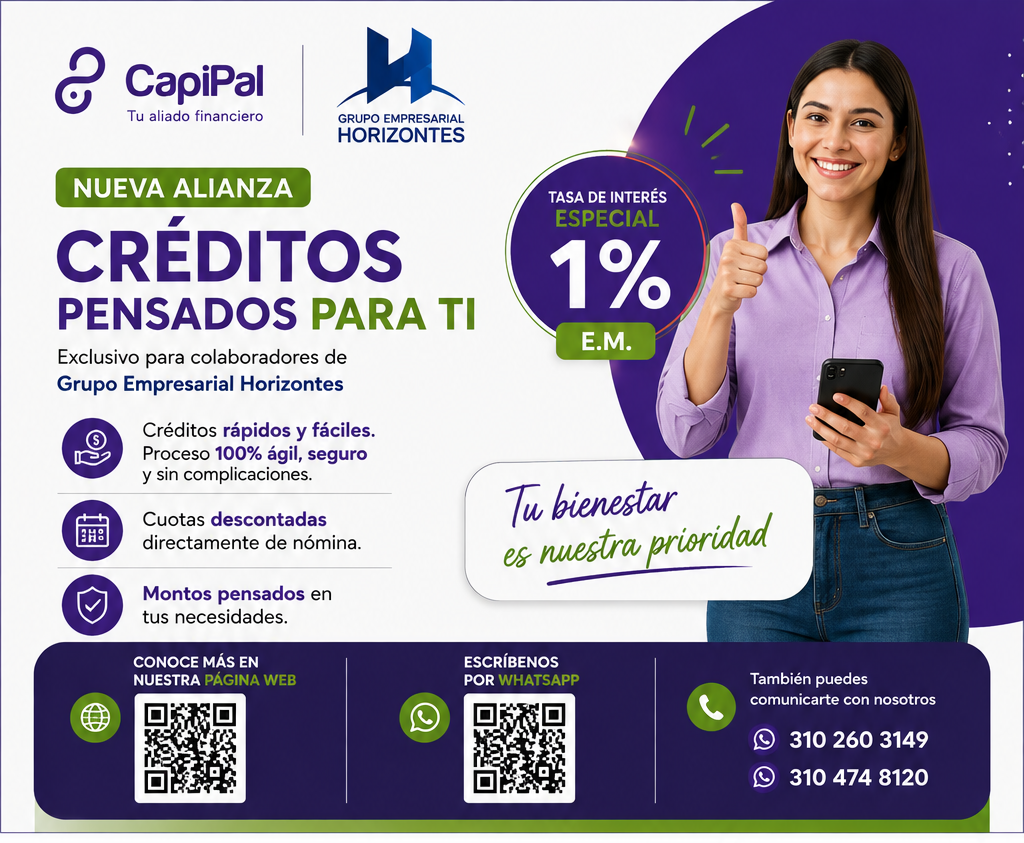 Creditos CapiPal para colaboradores de Grupo Empresarial Horizontes con tasa de interes especial del uno por ciento efectivo mensual.